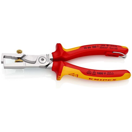 KNIPEX 13 66 180 T StriX® Abisolierzangen mit Kabelschere isoliert mit Mehrkomponenten-Hüllen | VDE-geprüft; mit integrierter isolierter Befestigungsöse zum Anbringen einer Abstu...