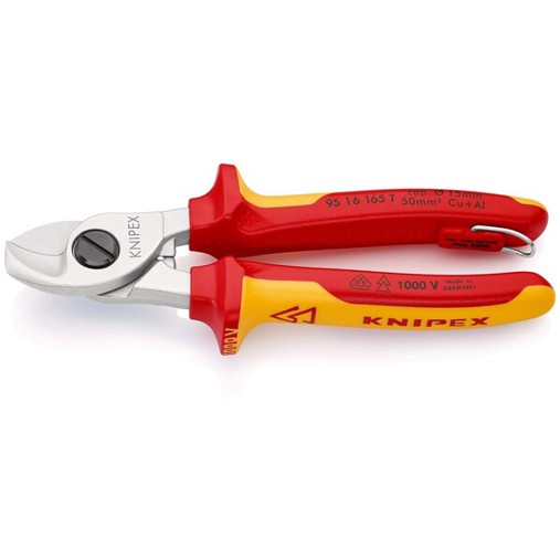 KNIPEX 95 16 165 T Kabelschere isoliert mit Mehrkomponenten-Hüllen | VDE-geprüft; mit integrierter isolierter Befestigungsöse zum Anbringen einer Absturzsicherung verchromt 165 mm