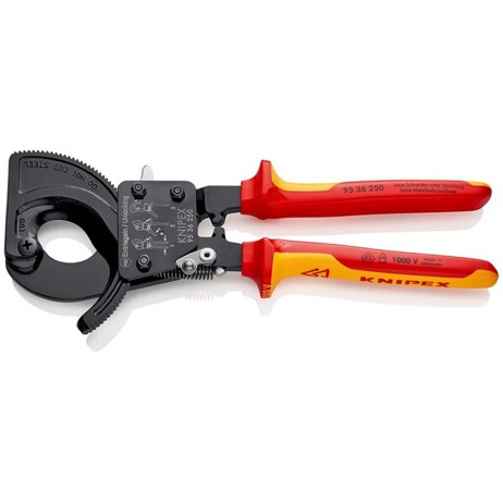 KNIPEX VDE-Kabelschneider 250 mm - Ratschenprinzip, isoliert, Mehrkomponenten-Hüllen, schwarz lackiert - VDE-geprüft